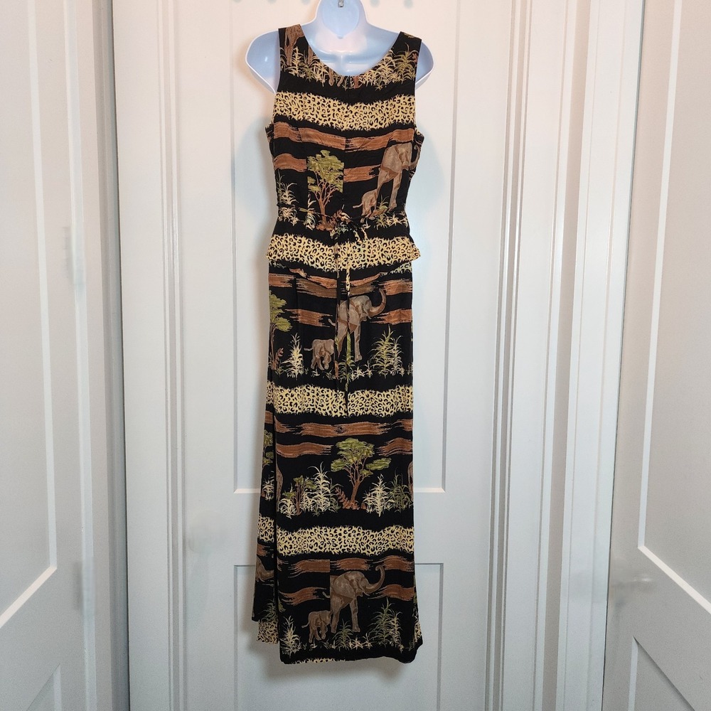 Vintage 90s Safari Maxi Dress S 6 Elephant Leopard Giraffe Mob Layered Phoebe - Picture 3 of 16